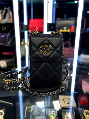 Authentic Chanel 19 Phone Holder in Black Fits iPhone Pro Max •Excellent Condition Includes Dustbag