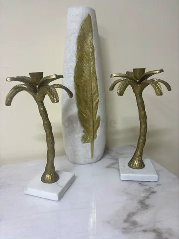 Marble Base Brass Palm Candle Holders (Pair) with Decorative Vase