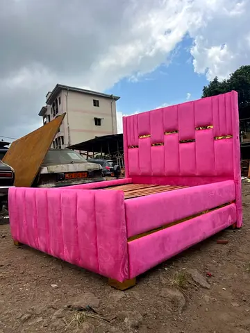 Bright Pink Upholstered Double Bed Frame with Tall Padded Headboard
