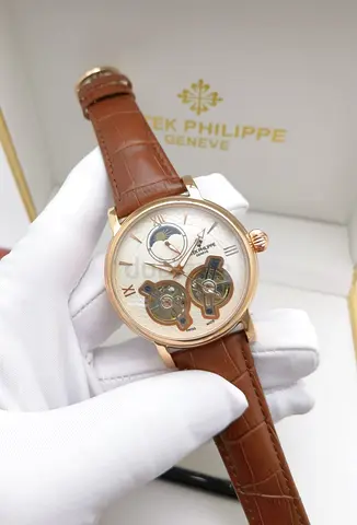 Patek Philippe-style Mens Rose Gold Mechanical Master Copy Watch with Brown Leather Strap