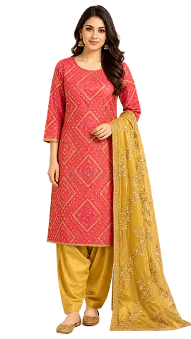 Pink Printed Kurta with Mustard Patiala and Embroidered Dupatta - Medium