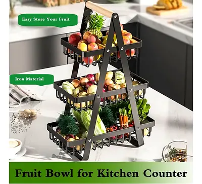 3-Tier Black Metal Kitchen Countertop Storage Rack with Removable Baskets