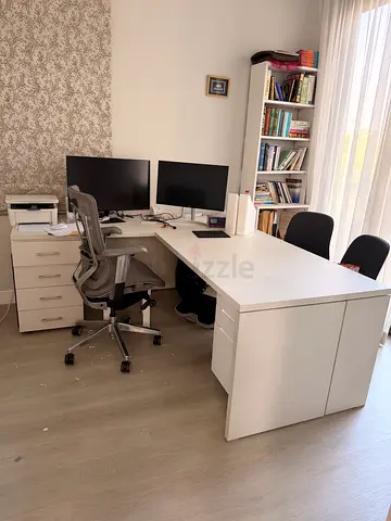 Large White Double Office Desk with Storage Drawer