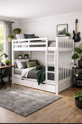 White Wooden Triple Bunk Bed with Storage (Like New)