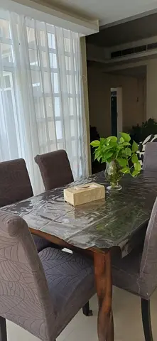 Wooden Dining Table with 6 Upholstered Chairs - Good Condition
