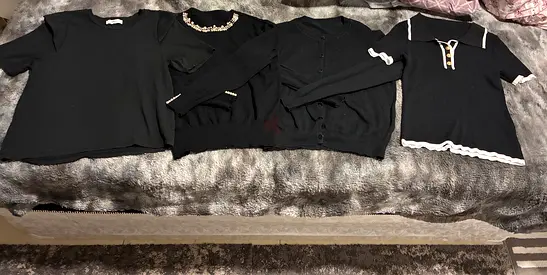 Preloved Lot of 4 black women’s tops — knit tees, cardigan and embellished blouse, good condition