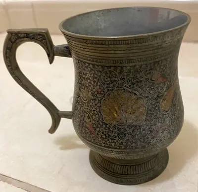 Vintage Hand-Engraved Brass Mug with Floral Inlay