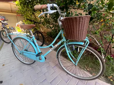 Light Blue Vintage-Style City Bike with Front Basket