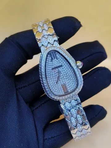 Bvlgari Silver-tone Ladies Teardrop Dial Bracelet Master Copy Watch with Pave Crystals