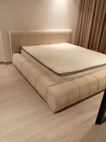 Beige Upholstered King Bed Frame with Headboard — Modern Low-Profile