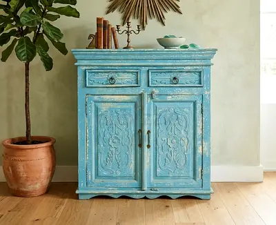 Distressed Blue Wooden Side Cabinet with Carved Doors