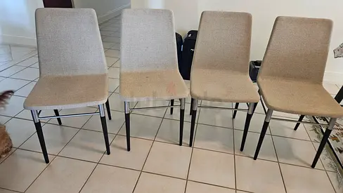 Set of 4 Beige Fabric Dining Chairs with Metal Legs — Used