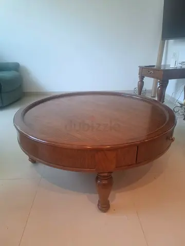 Round Wooden Coffee Table with Drawer - Solid Legs, Classic Design