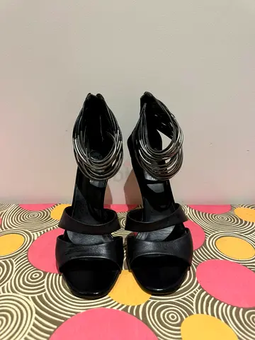 Black High Heel Sandals with Silver Anklet Rings — Size Unknown,38 size