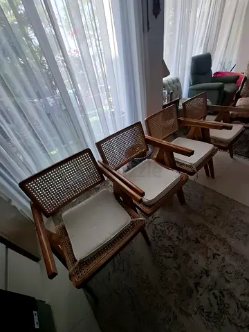 Set of 4 Mid-century Rattan  Wood Dining Chairs with Cushions