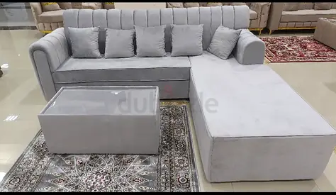 Light Grey L-Shaped Velvet Corner Sofa with Ottoman and Cushions