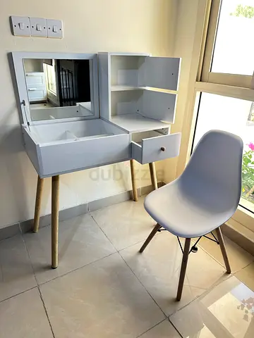 White Dressing Table with Mirror and Modern Chair - Good Condition