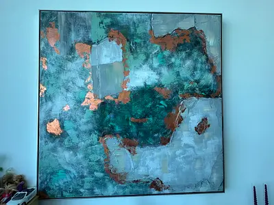 Large Abstract Wall Painting with Copper and Teal Texture (Framed) 152x 152 x 5.8cm