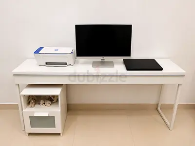 Minimal White Study Desk with Small Storage Cabinet