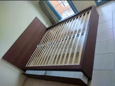 Ikea Wood Double Bed Frame with Headboard and Slats - Brown