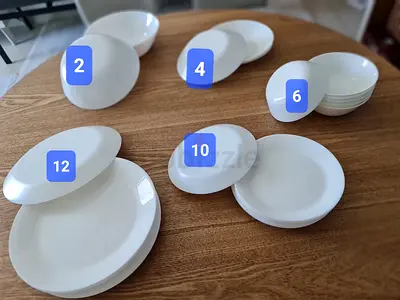 Set of  34 white ceramic dinner plates and bowls - good condition