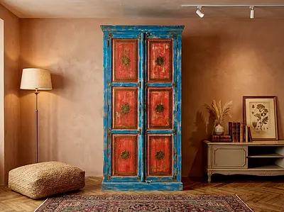 Antique-Style Two-Tone Wooden Wardrobe with Brass Medallion Accents