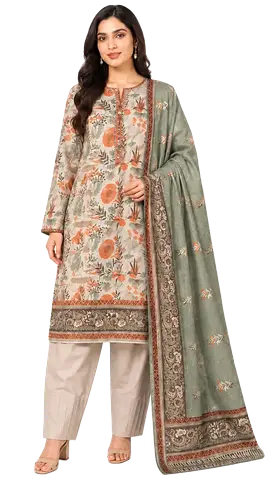 Womens 3-Piece Printed Lawn Suit with Dupatta - Size Medium