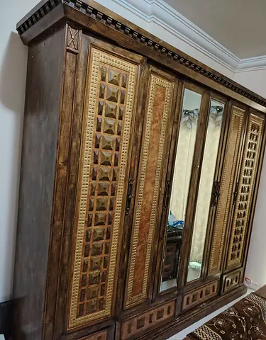 Large Ornate Wooden Wardrobe with Mirrored Doors