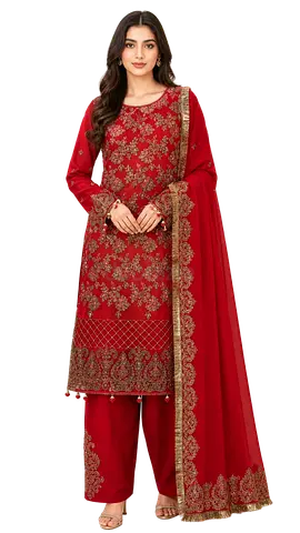 Red Embroidered Pakistani/Indian Salwar Kameez with Dupatta - Medium