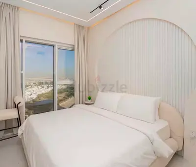 Minimalist biege Queen Bed with Headboard in Furnished Bedroom