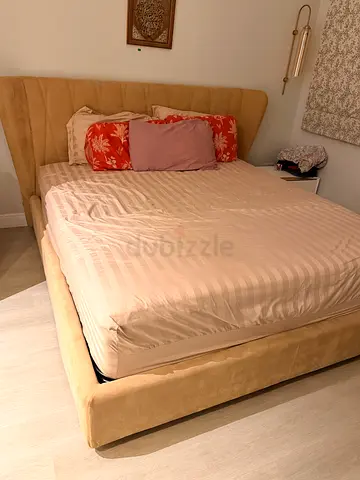 Beige Upholstered King Bed with mattress