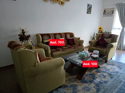 3-piece sofa set with glass coffee table and rug - good condition