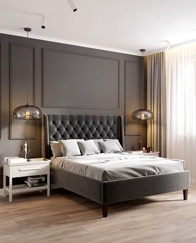 Grey Upholstered Double Bed with Tufted Headboard