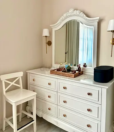 White Vintage Style Dresser with Ornate Mirror and chair — Good Condition