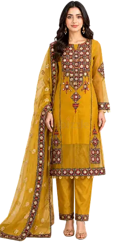 Mustard Embroidered 3-Piece Salwar Kameez with Dupatta - Size S/M