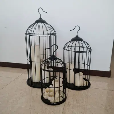 Set of 3 Decorative Black Metal Birdcage Candle Holders (75 x 46 x 60 cm.)