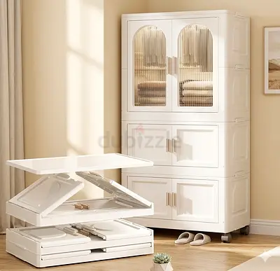 White Plastic Wardrobe Cabinet with Wheels - 151cm High, 3 Compartments