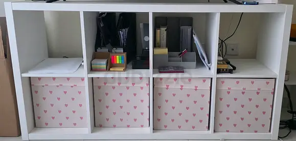 White 8-Cubby Storage Shelf / TV Unit with Pink Heart Boxes