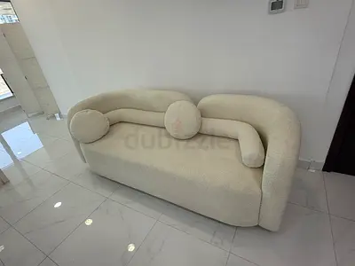 Curved Cream Bouclé 3-Seater Sofa with Cushions