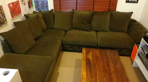 Large Olive Green L-Shaped Sectional Sofa - Comfortable, Good Condition