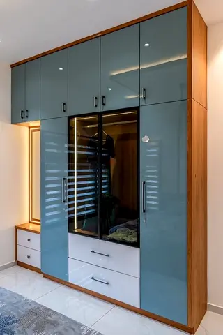 Custom Built-in Glossy Blue  Wood Wardrobe with Glass Display