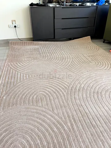 Free Light Beige Textured Rug with Circular Geometric Pattern and furnityre - Good Condition