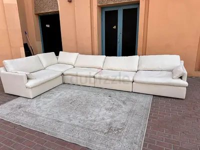 Home Center Feather filled Sofa Beige Large Cream L-Shaped Sectional Sofa — 6-Seater, Used