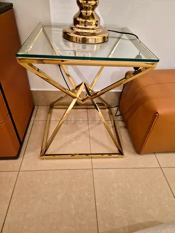 Set of 2 Glass Top Side Table with Gold Metal Base