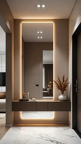 Modern LED Backlit Full-Length Hallway Mirror with Floating Console