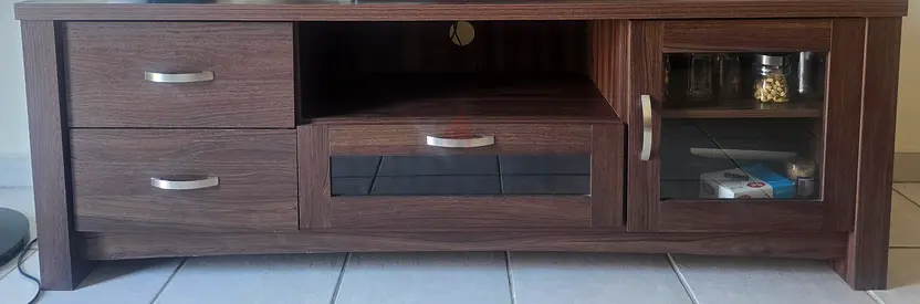 Dark Wood TV Entertainment Unit with Drawers and Glass Door - Good Condition