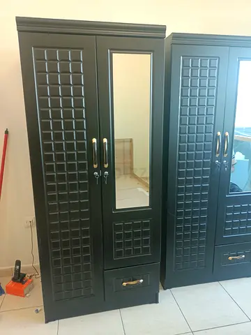 Dark Wood 2-Door Wardrobe with Mirror and Drawer (Pair available)