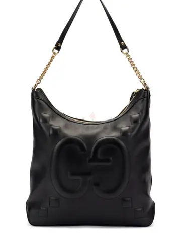 Black Gucci GG Embossed Leather Shoulder Bag with Chain Strap