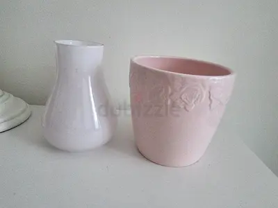 Pair of ceramic plant pot and vase— pink and white
