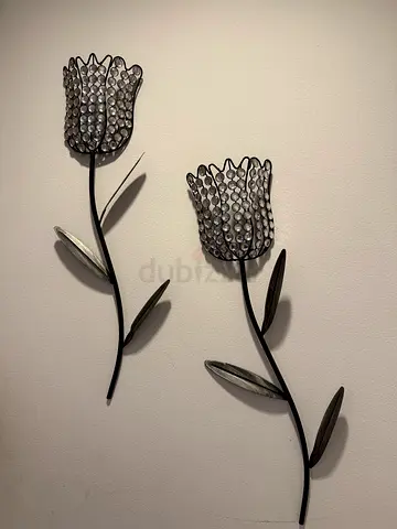 Pair of Metal Flower Wall Decor Sconces with Crystal Accents